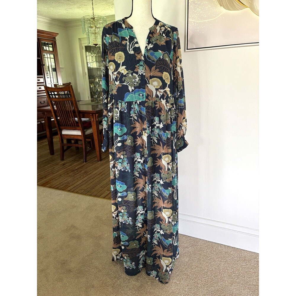 H&M Conscious Collection Navy Floral Maxi Shirt Dress Sz 10 Flowy Boho